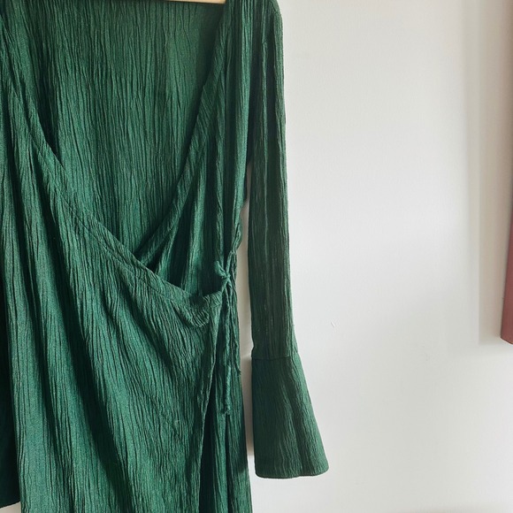 Savannah Morrow Sky Wrap Midi Maxi Dress Long Sleeve Green Crinkle Bamboo Silk - Picture 3 of 10